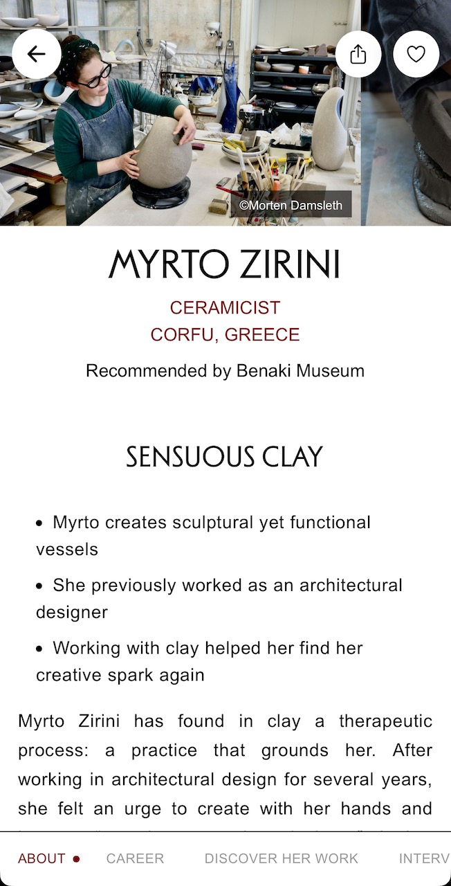 Homo Faber Guide profile of ceramic artist Myrto Zirini in Corfu, Greece.
