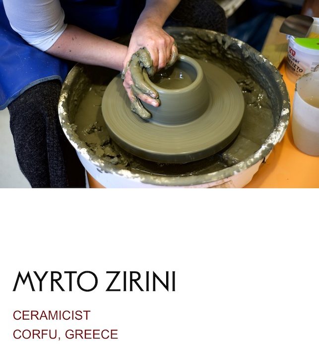 Ceramic artist Myrto Zirini throwing a vessel on the potter's wheel in her Corfu studio, featured in the Homo Faber Guide.