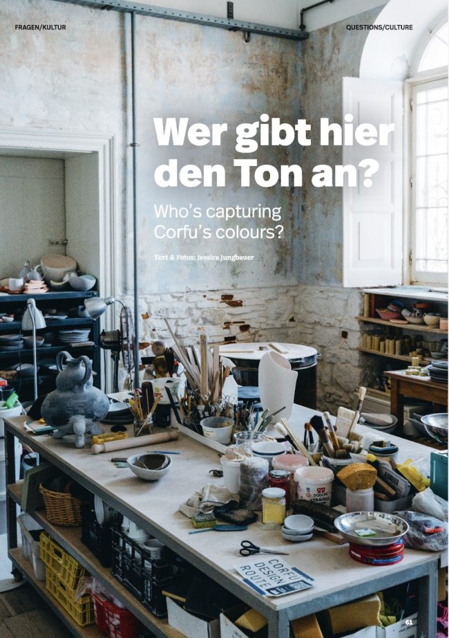 Opening page of the Wings magazine feature on Myrto Zirini Ceramics studio in Corfu Town.