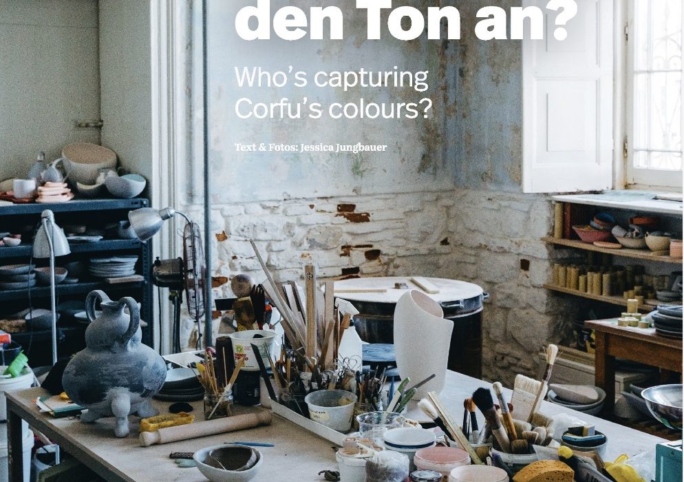 Opening page of the Wings magazine feature on Myrto Zirini Ceramics studio in Corfu Town.